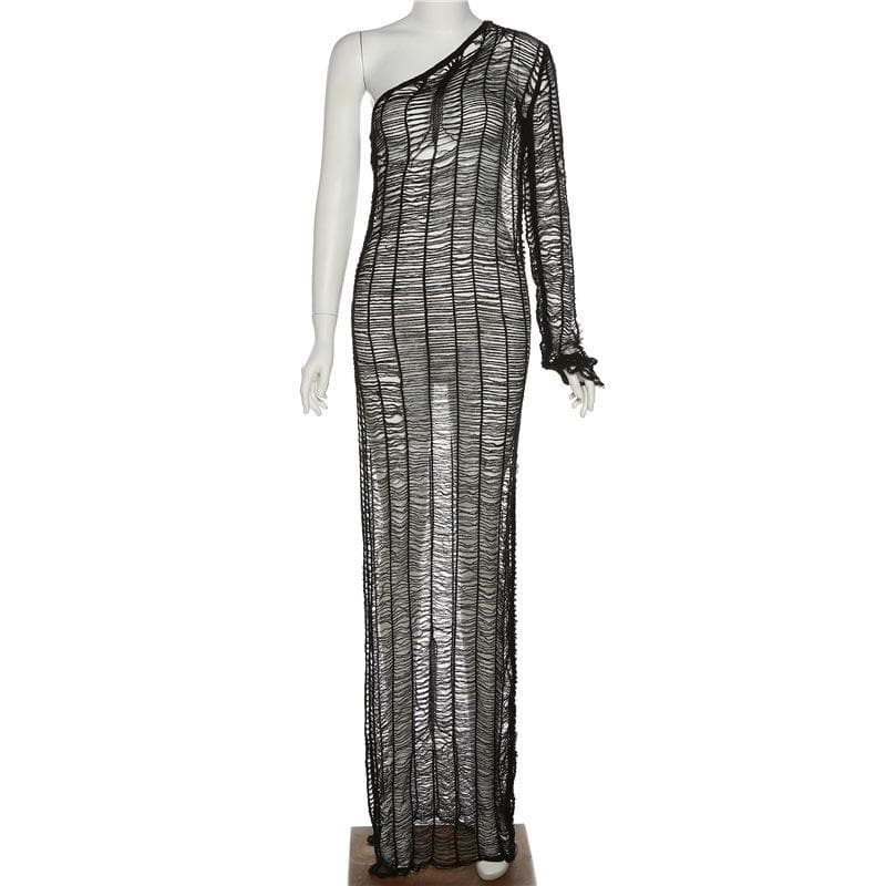 Knitted see through one shoulder long sleeve solid crochet maxi dress - View 2