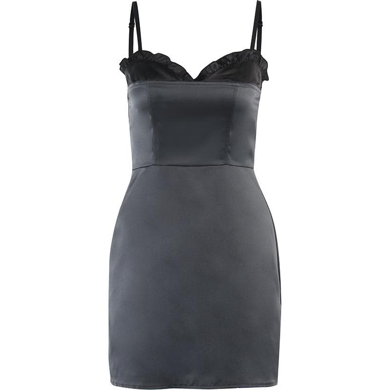 Patchwork satin ruffle contrast zip-up mini dress - Final Sale