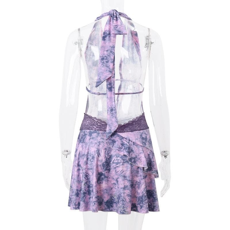 Tie Dye Halter Neck Lace Trim Ruffle Mini Dress - View 4