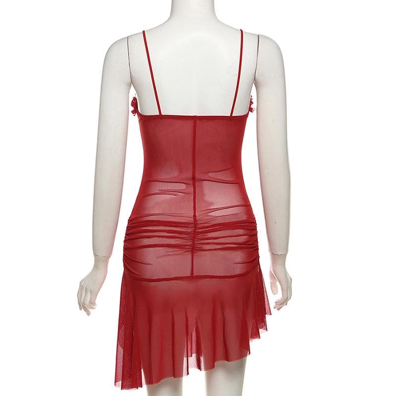 Ruched ruffle slit sheer mesh hollow out cami mini dress - View 7