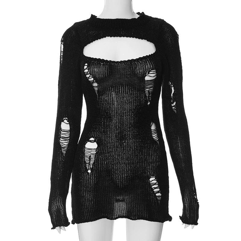 Crochet hollow out solid long sleeve mini dress - View 2