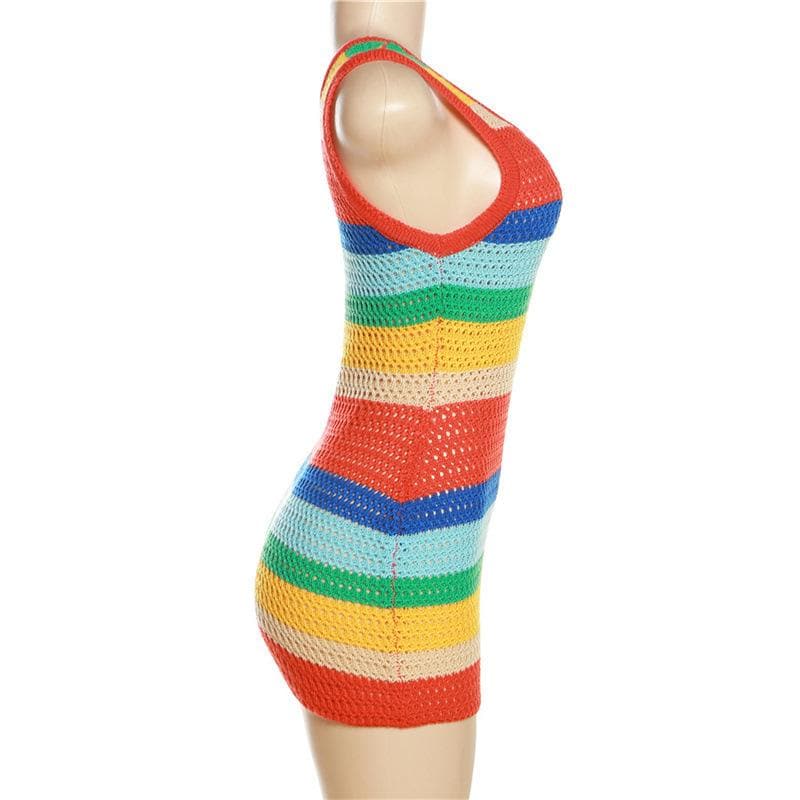 Crochet Rainbow Stripe Scoop Neck Sleeveless Bodycon Mini Dress - View 3