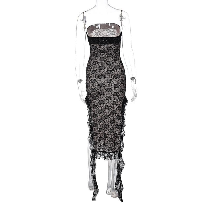 Lace ruffle slit backless ribbon contrast tube midi dress - View 3