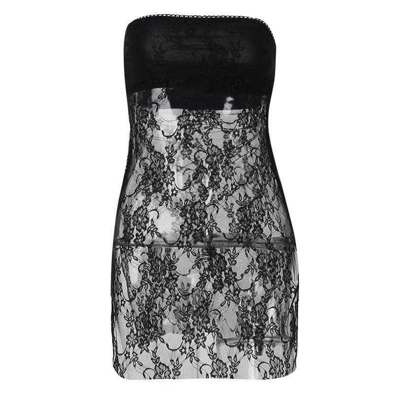 Lace see through solid slit backless tube dress - Final Sale - View 2