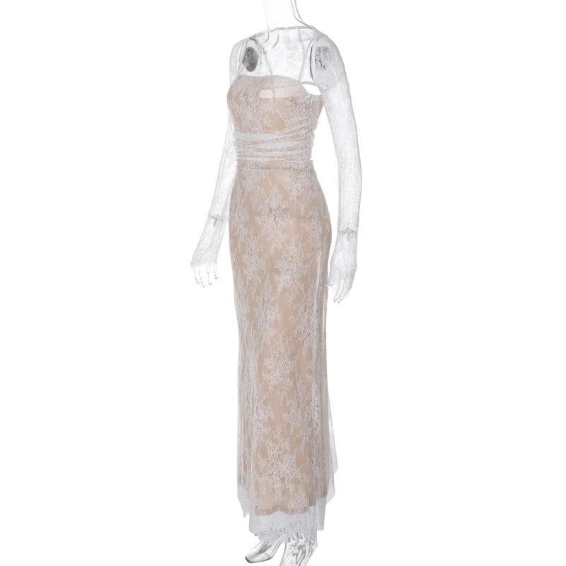 Long sleeve lace zip-up ruched shrug cami maxi dress - View 7