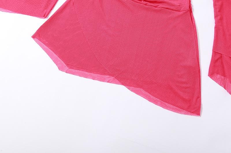 Mesh Cowl Neck Halter Long Sleeve Ruched Mini Dress - View 9