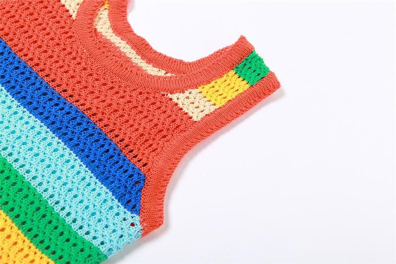 Crochet Rainbow Stripe Scoop Neck Sleeveless Bodycon Mini Dress - View 7