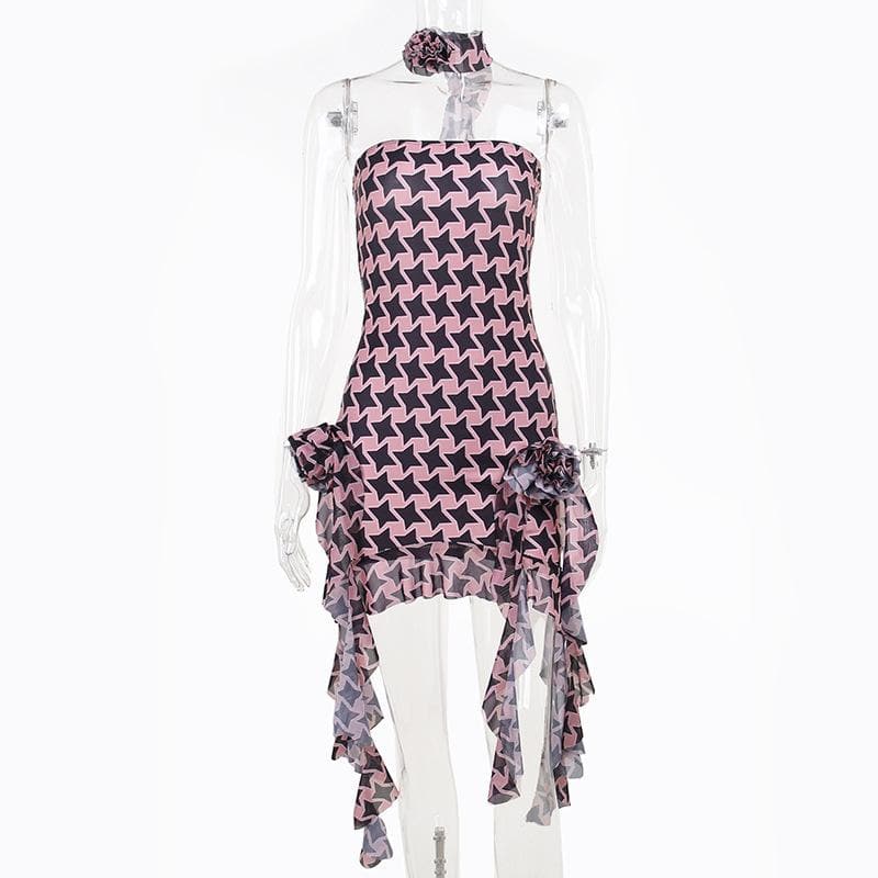 Star Print One Shoulder Flower Applique Ruffle High Low Mini Dress - View 3