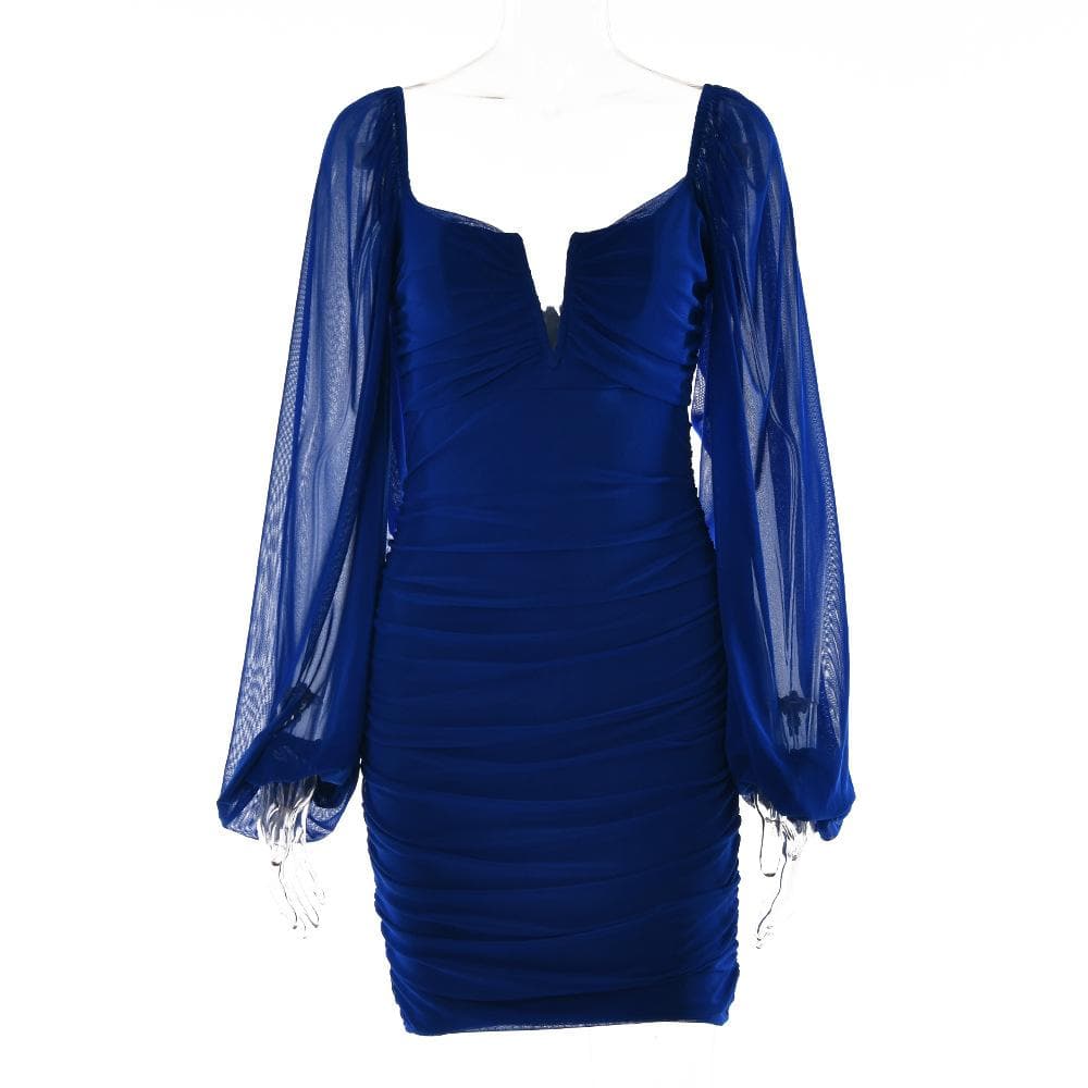 Mesh solid long sleeve ruched notch neck zip-up mini dress - View 12