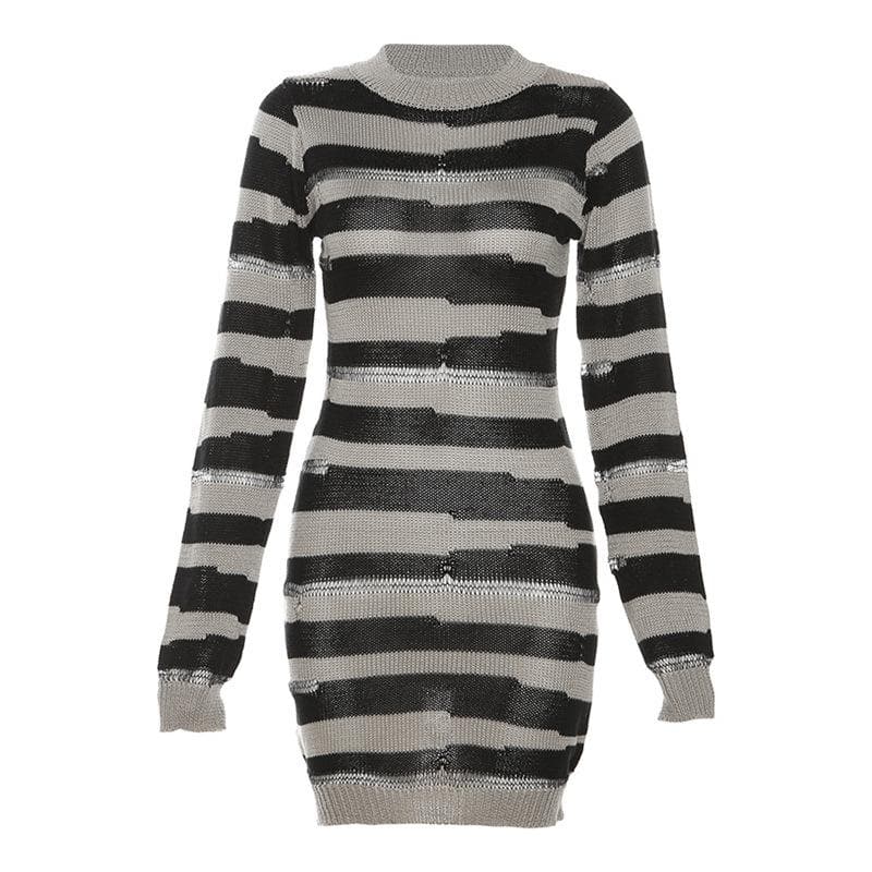 Crochet striped contrast long sleeve crewneck mini dress - View 2