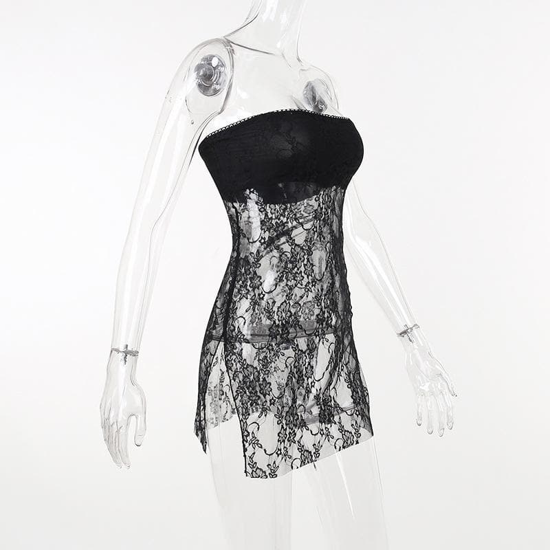 Lace see through solid slit backless tube dress - Final Sale - View 3