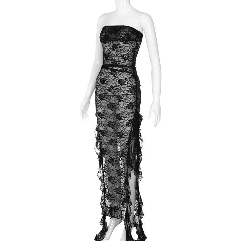 Slit ribbon lace see through solid tube maxi dress - View 3