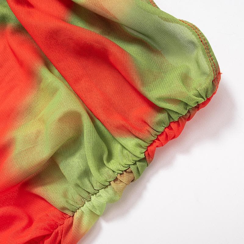 Irregular ruched slit sheer mesh see through tie dye maxi dress - View 5