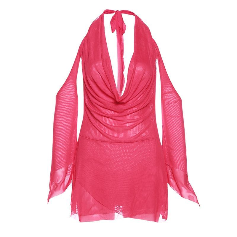 Mesh Cowl Neck Halter Long Sleeve Ruched Mini Dress - View 5
