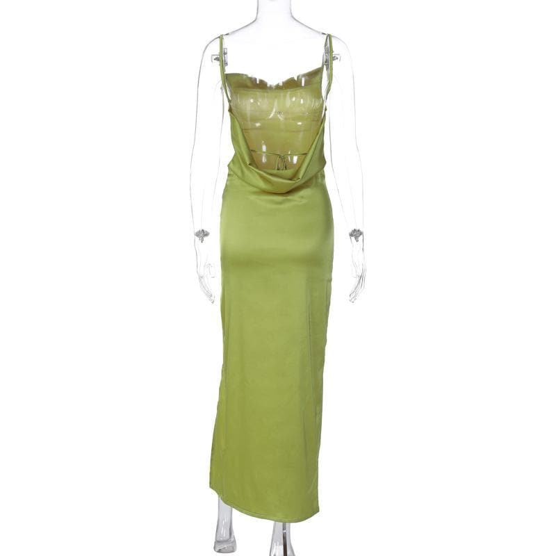 Cowl neck solid backless slit satin cami maxi dress - View 5