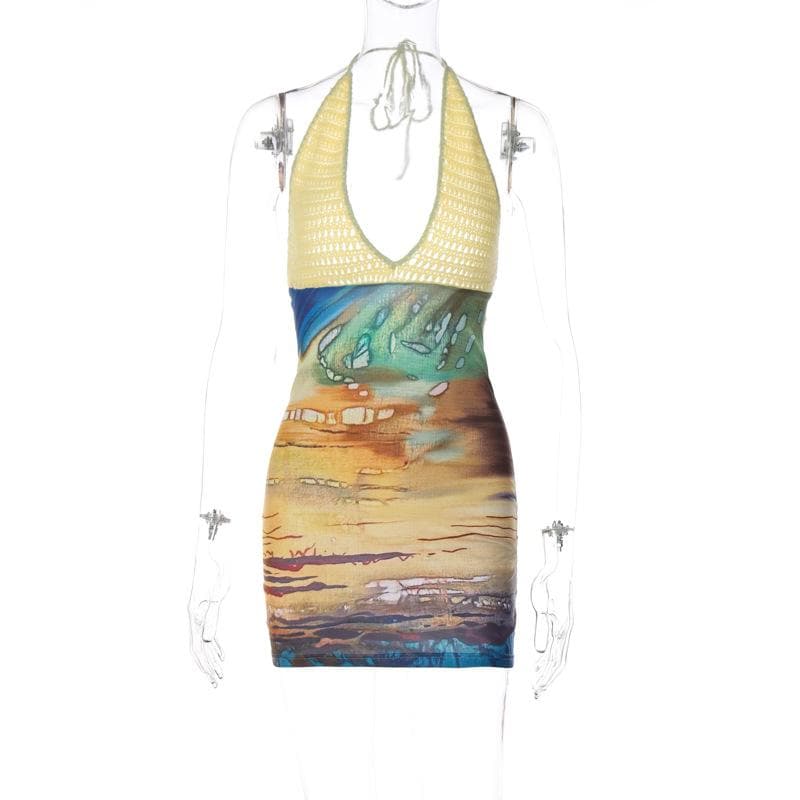 Contrast Print Knit Halter Neck Bodycon Mini Dress - View 8
