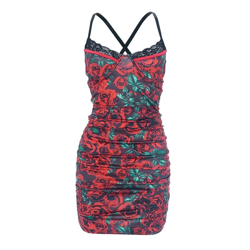 Floral Print Lace Trim Spaghetti Strap Ruched Bodycon Mini Dress - View 2