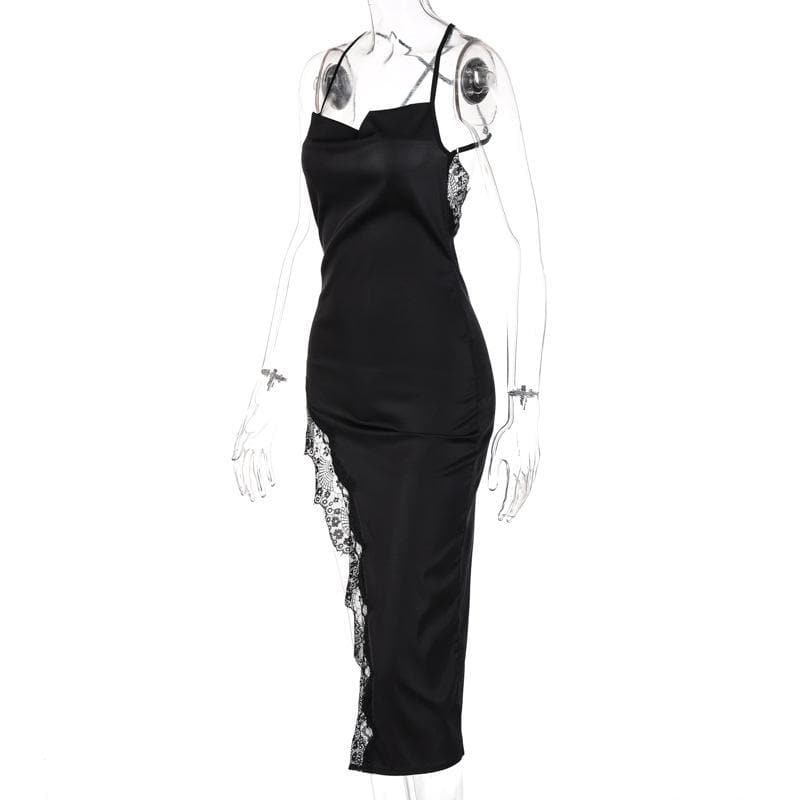 Spaghetti Strap Lace Trim Satin Slip High Split Midi Dress - View 5