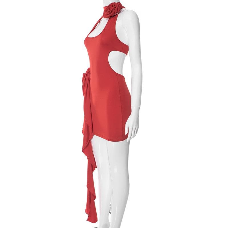 Halter Neck Cut Out 3D Rosette Ruffle Bodycon Mini Dress - View 3