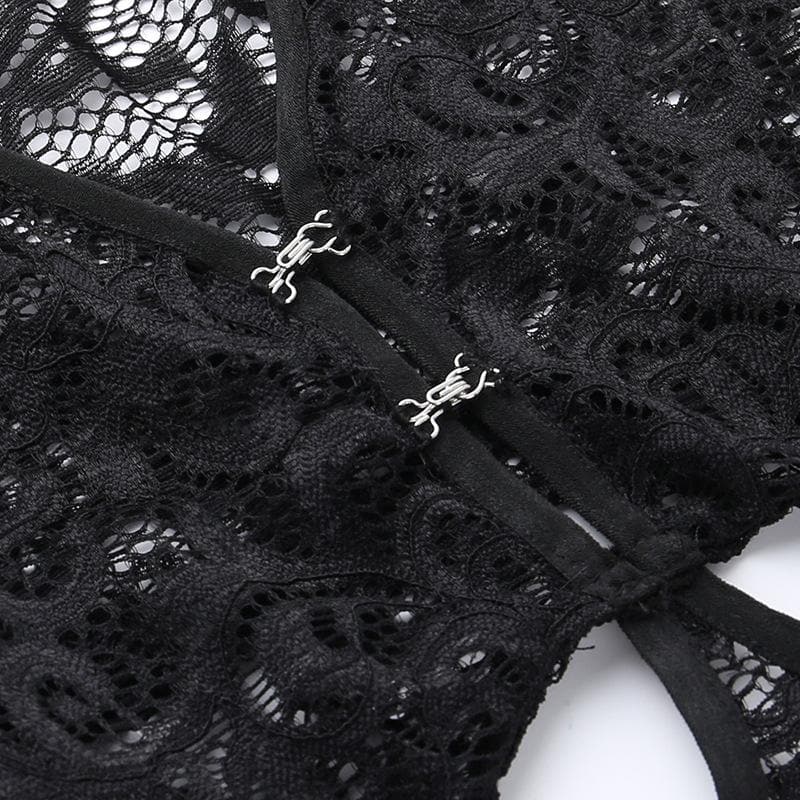 Lace gloves long sleeve button hollow out midi dress - View 6