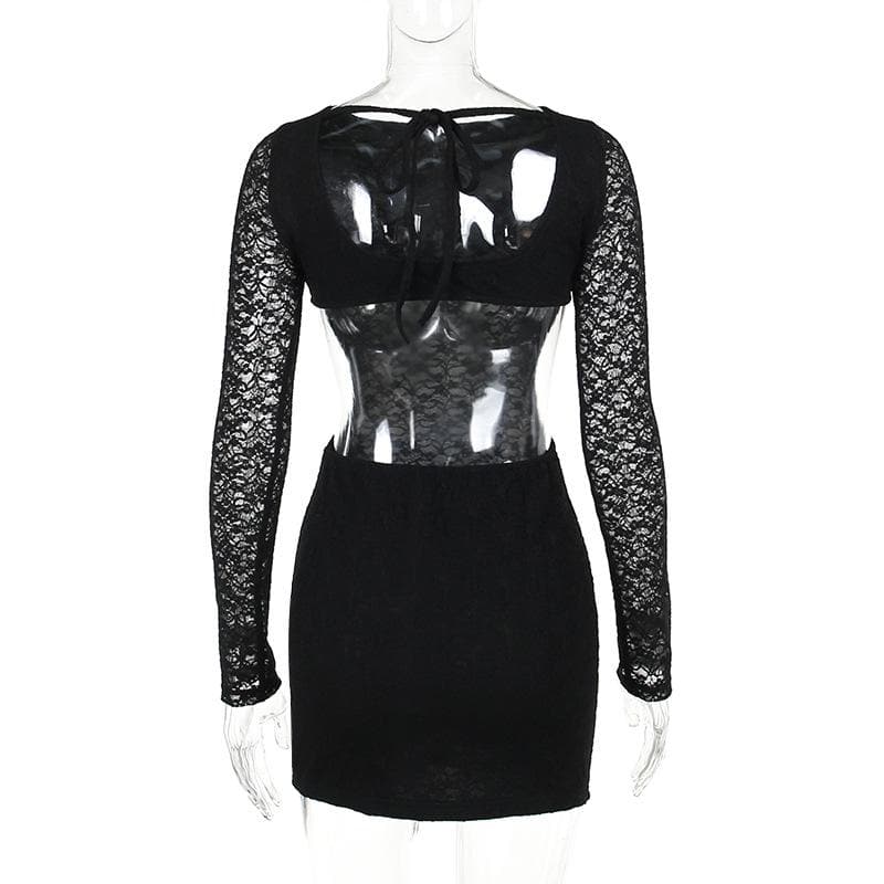 Lace solid long sleeve backless hollow out self tie mini dress - View 3
