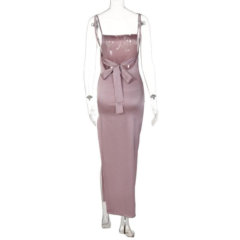 Sleeveless solid slit self tie backless satin midi dress - View 4
