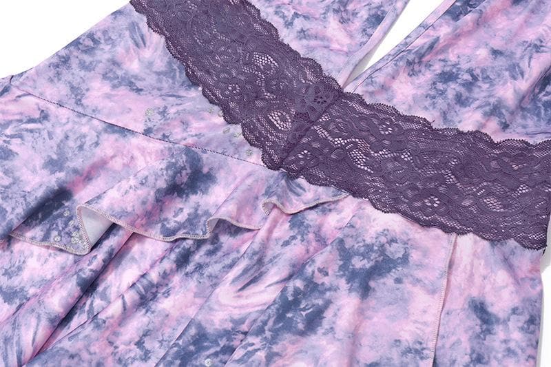 Tie Dye Halter Neck Lace Trim Ruffle Mini Dress - View 7