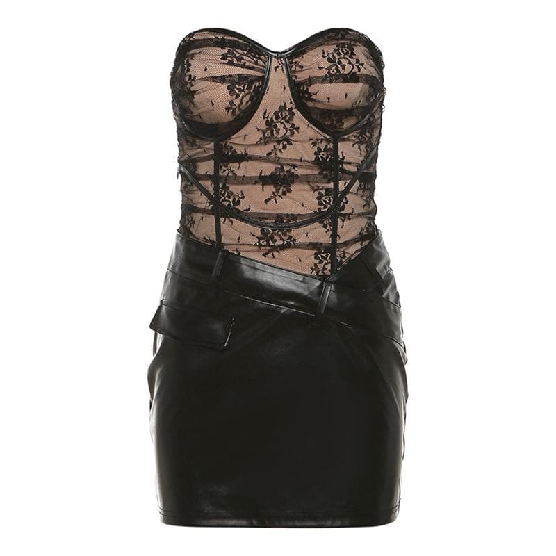 PU leather sweetheart neck patchwork zip-up lace tube mini dress - View 2