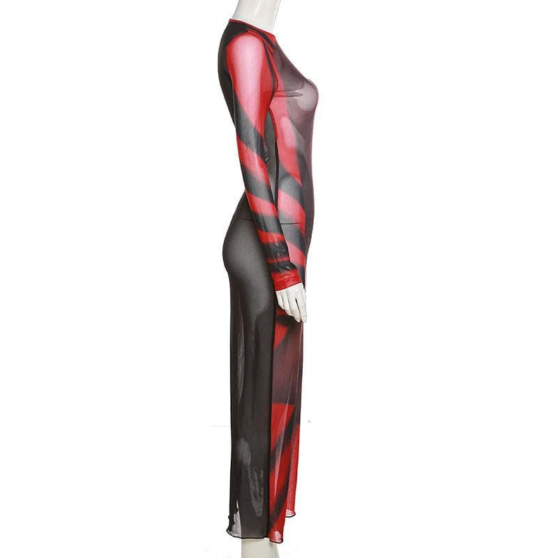 Long sleeve contrast sheer mesh see through midi dress - View 4