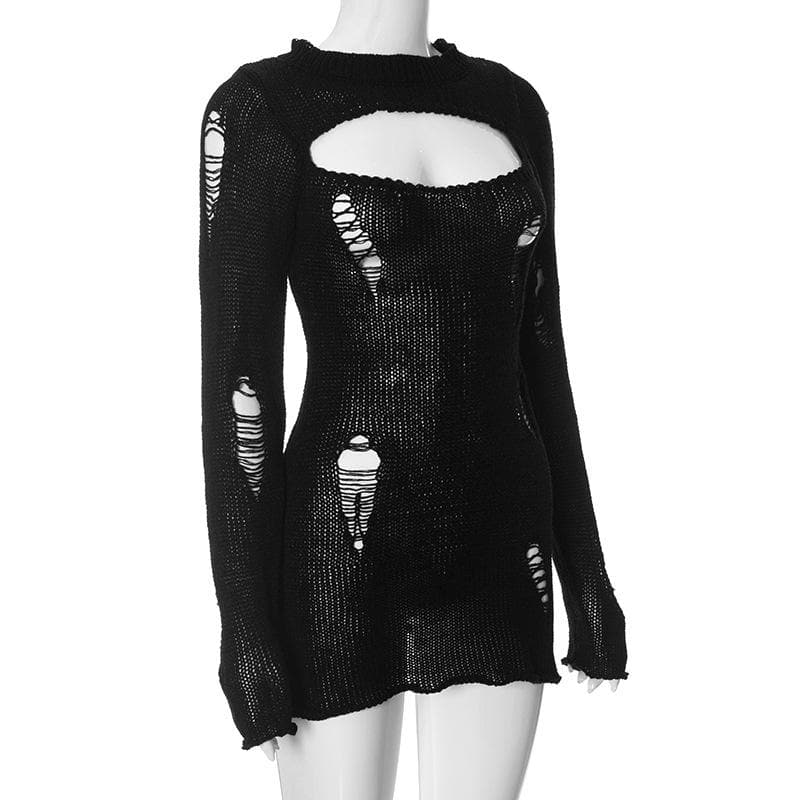 Crochet hollow out solid long sleeve mini dress - View 3