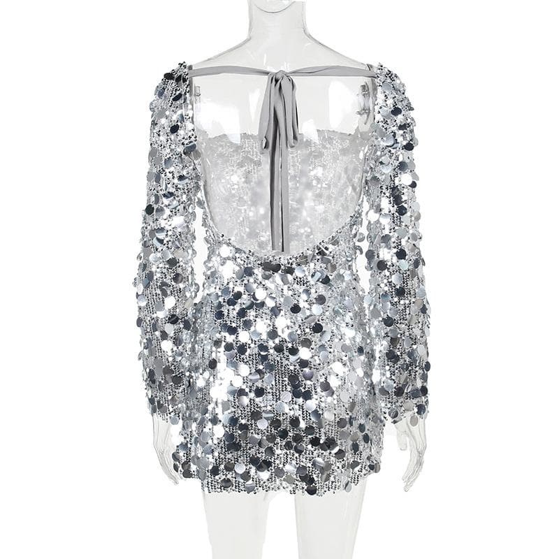 Glitter self tie long sleeve slit backless mini dress - View 4