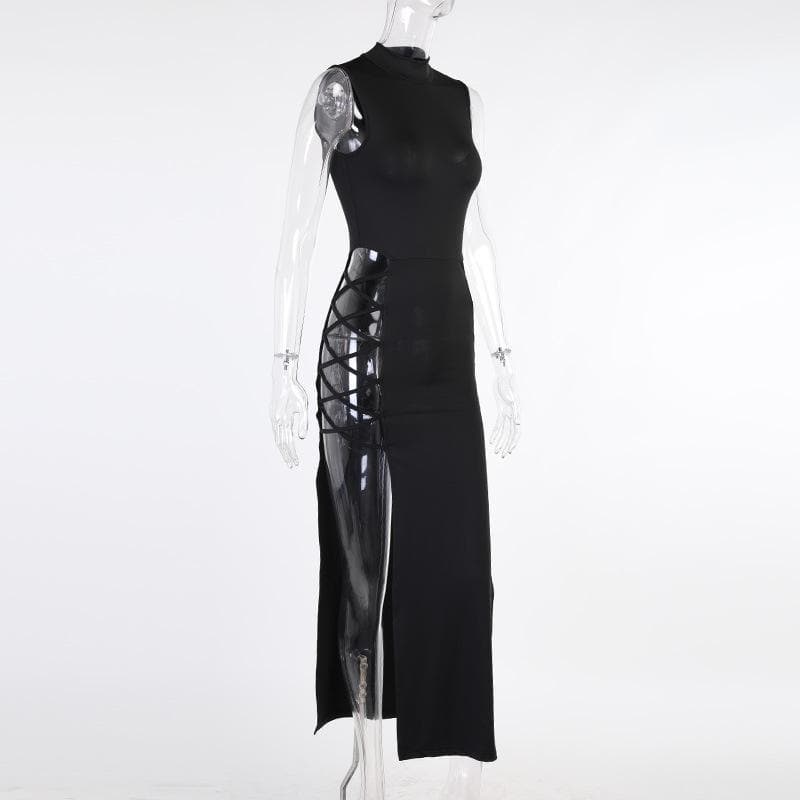 Lace Up Cut Out Mock Neck High Split Bodycon Maxi Dress - View 6