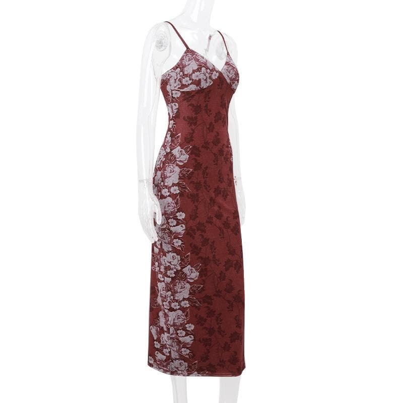 Floral Print V-Neck Spaghetti Strap Bodycon Maxi Dress - View 3