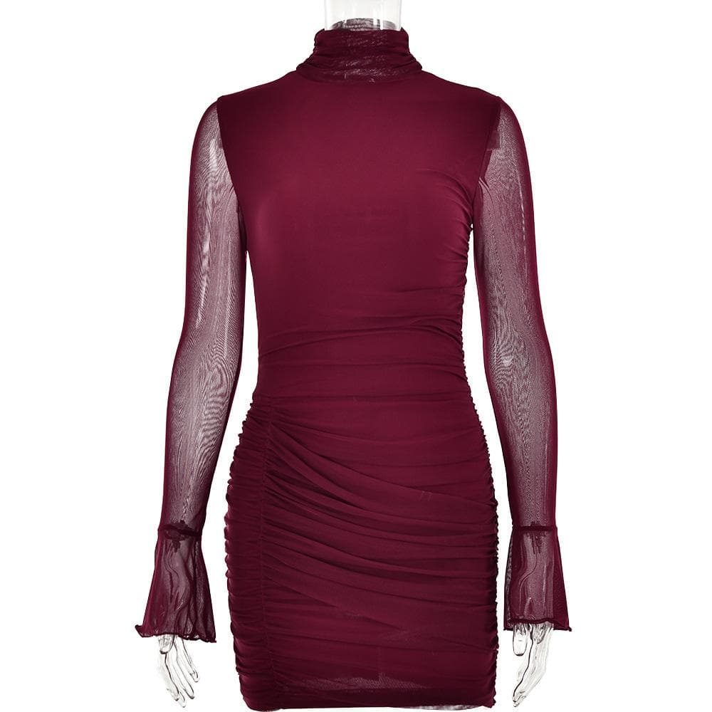 Mesh solid long sleeve turtle neck ruched zip-up mini dress - View 2