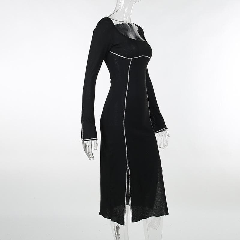 Beaded square neck slit long sleeve midi dress - View 3