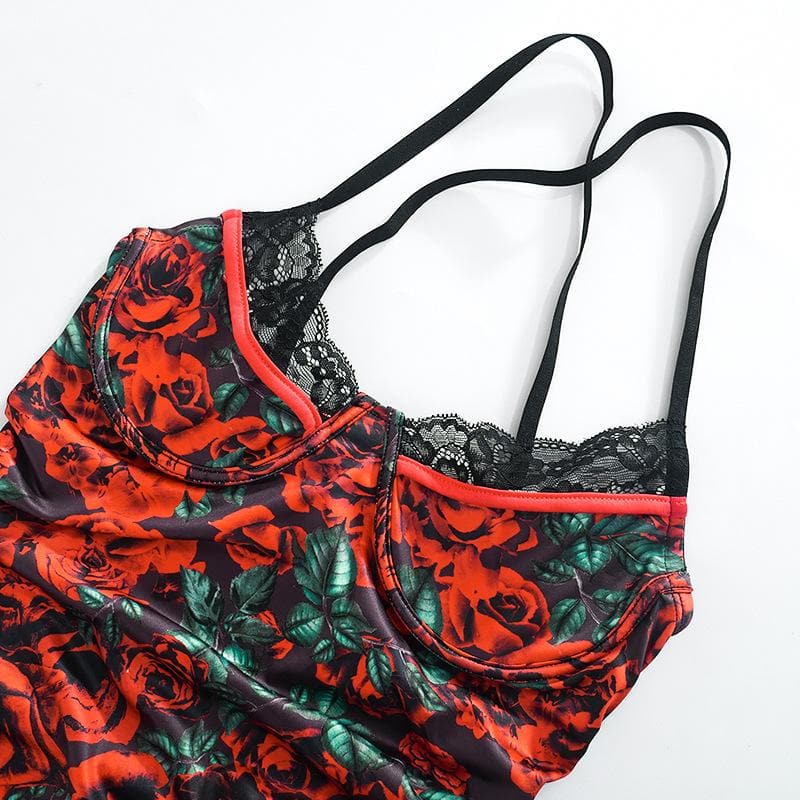 Floral Print Lace Trim Spaghetti Strap Ruched Bodycon Mini Dress - View 5