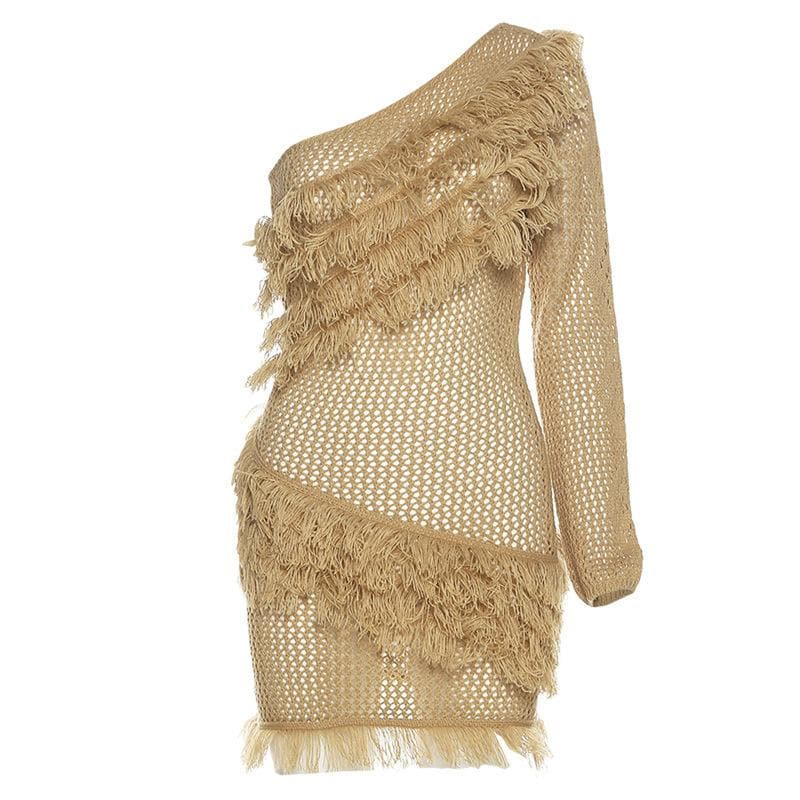 Knitted raw hem solid long sleeve one shoulder crochet mini dress