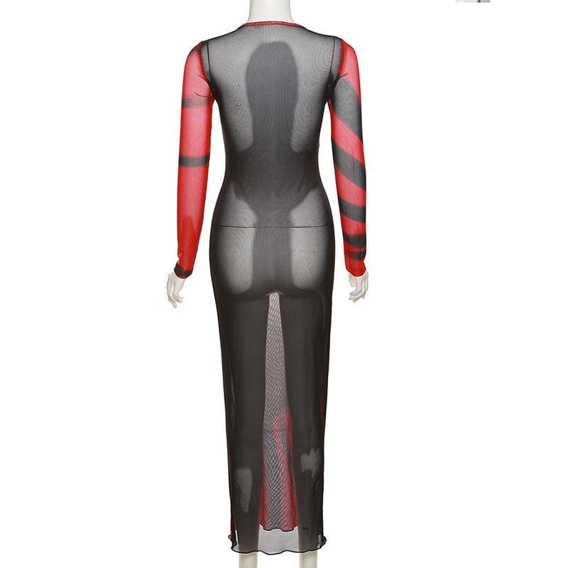 Long sleeve contrast sheer mesh see through midi dress - View 5