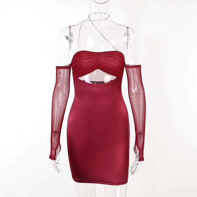 Mesh Glove Halter Neck Cut Out Ruched Bodycon Mini Dress - View 3
