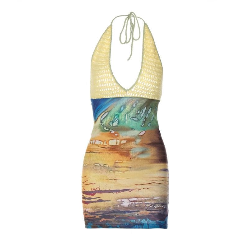 Contrast Print Knit Halter Neck Bodycon Mini Dress - View 2