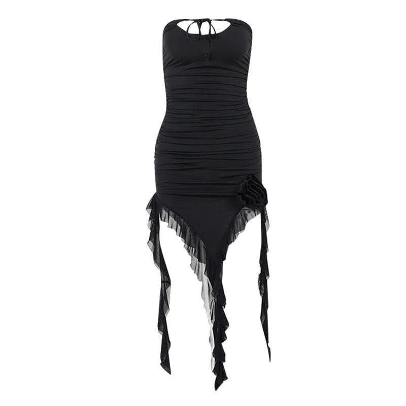 Strapless Cut Out Ruched Floral Applique High Low Midi Dress - View 10