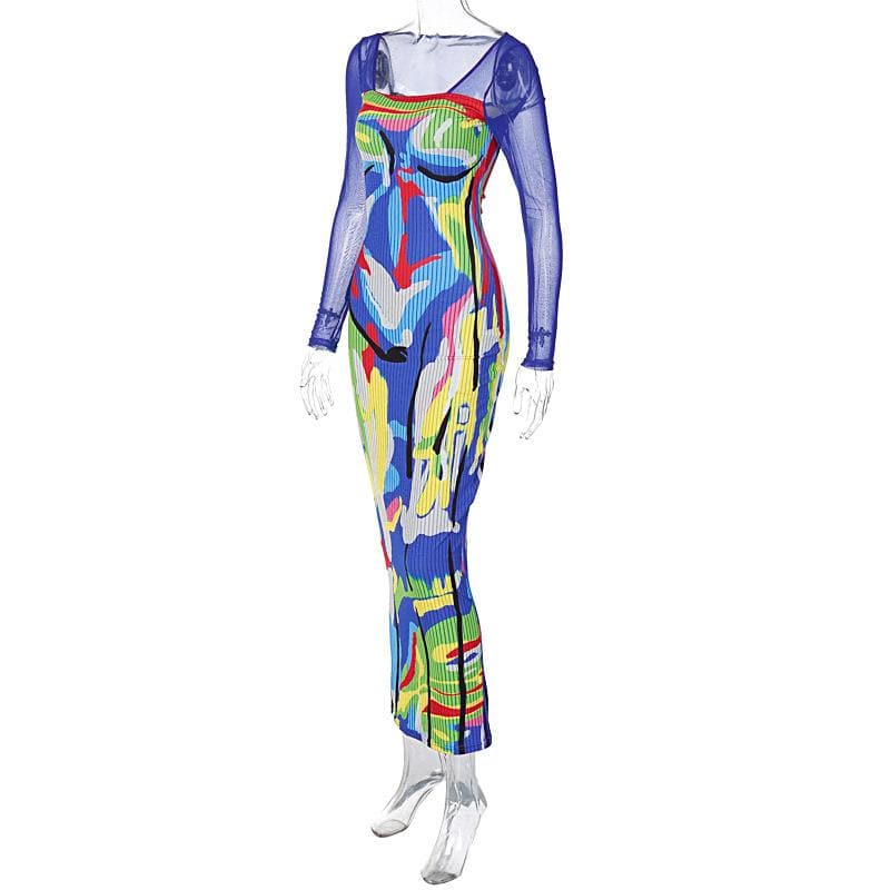 Long sleeve contrast abstract mesh midi dress - View 4