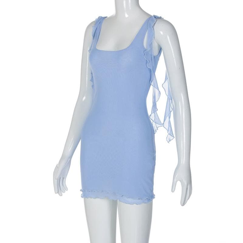 Square neck sheer mesh backless ruffle ribbon solid mini dress - View 8