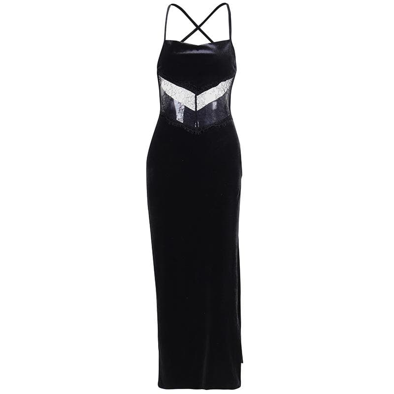 Cowl neck lace hem slit backless velvet cross back midi dress - View 2