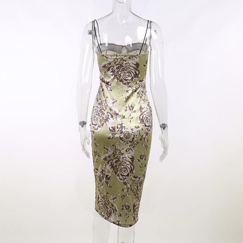 Satin Floral Lace Trim Spaghetti Strap Ruched Bodycon Midi Dress - View 6