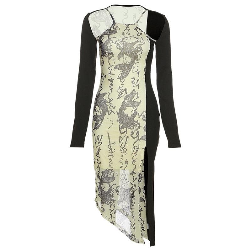 Halter Neck Long Sleeve Cut Out Bodycon Slit Midi Dress - View 2