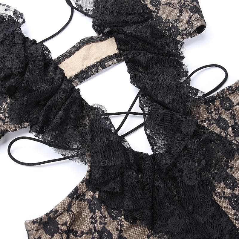 Cross front backless hollow out lace hem contrast mini dress - View 6
