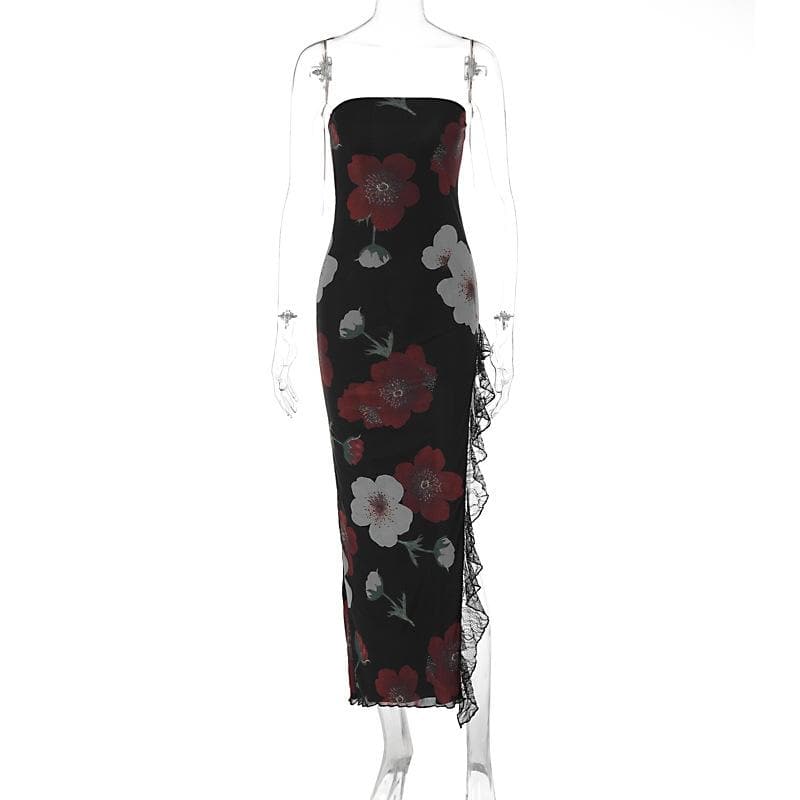 Floral Print Strapless High Split Ruffle Lace Trim Maxi Dress - View 9