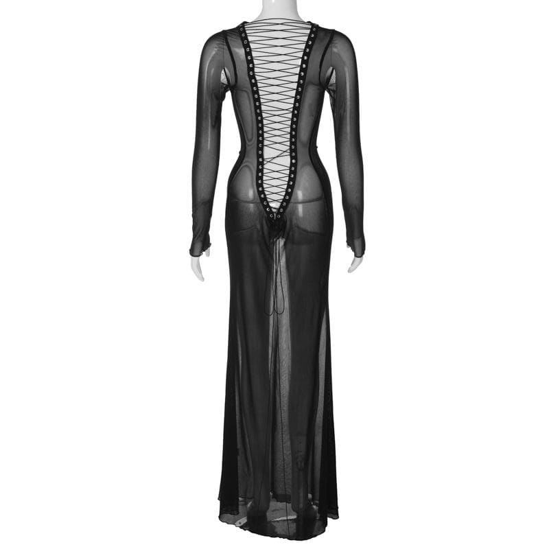 Long sleeve lace up sheer mesh see through maxi dress - View 4