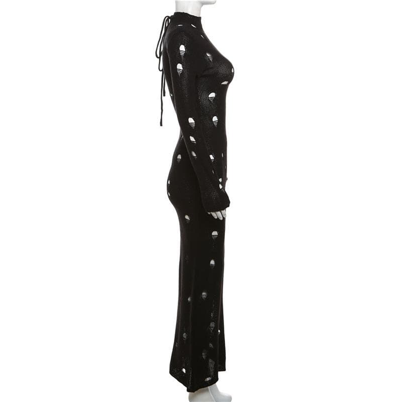 Crochet solid long sleeve high neck lace up maxi dress - View 6